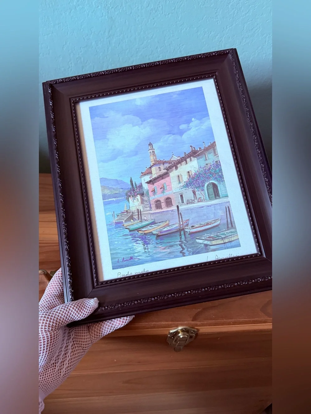 L. Armellini “Piccolo Molo” Signed Italian Harbor Art Print Framed 13” x 11”